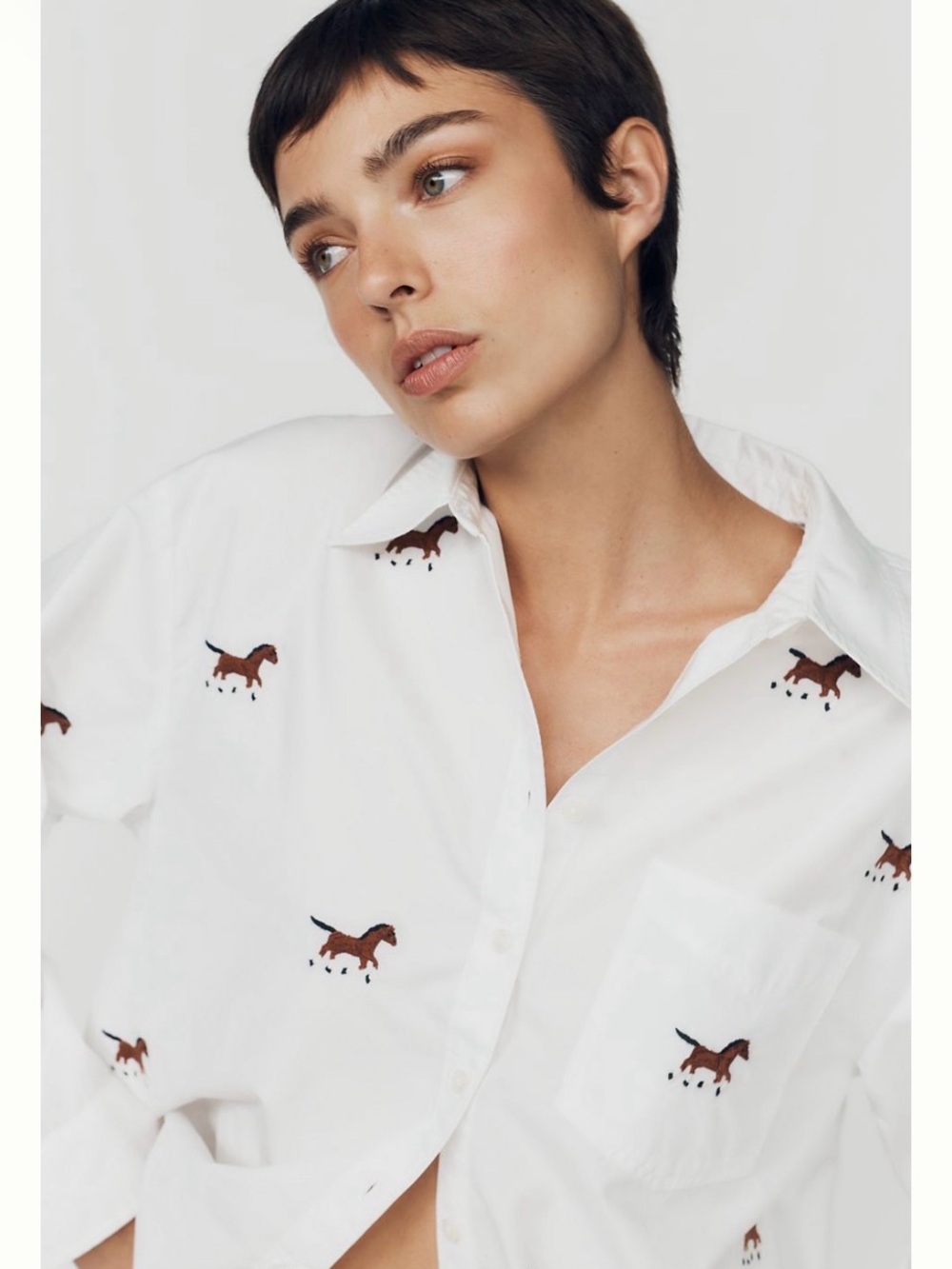 Maeve White Button-Down Shirt with Brown Horse Embroidery - Picture 2 of 7